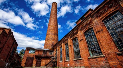 Fototapeta premium Historic brick factory with tall chimney and large industrial under bright blue sky with clouds in daytime scene
