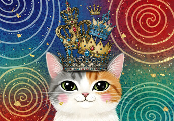 Whimsical Cat Illustration with Crowns and Textured Background