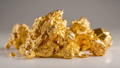 Glittering raw gold mineral nuggets displayed upon the clean white surface under soft studio lighting, highlighting their natural texture, metallic shine, and crystalline structure