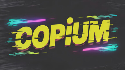 Skewed ‘Copium’ typography with teal-magenta neon leaks, glitch distortions, and subtle textures on deep charcoal grey