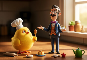 Whimsical Chick and Gentleman Figurines on a Kitchen Countertop