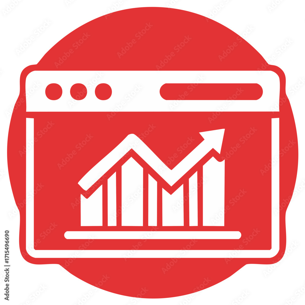 Poster growing graph chart on webpage in circular red icon - business progress and market statistics