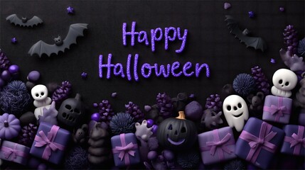 Fototapeta premium Halloween poster background painting, ghosts, skeletons, pumpkins, and gifts