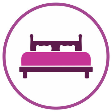 Minimalist bed icon with purple mattress and dark frame for hotel and sleep concepts