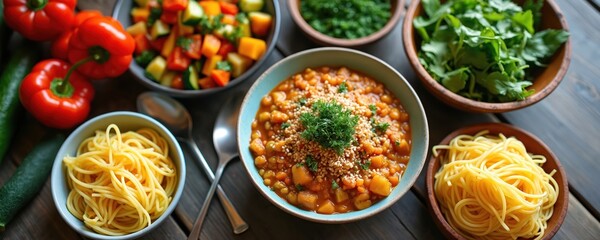 Family prepares affordable meals vegetable stir-fry, lentil soup, pasta. Focus on cost-saving strategies, seasonal ingredients, pantry for healthy, homemade dinners. Simple batch cooking techniques