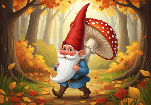 Whimsical Red Gnome with Mushroom in Autumn Forest