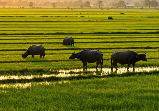 A herd of buffaloes in Malaysia water paddy field