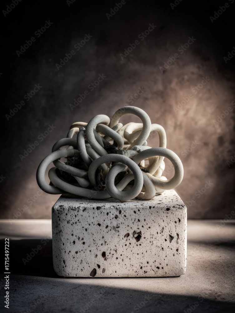 Poster artistic composition featu a cluster of interconnected metal s arranged on a textured concrete block