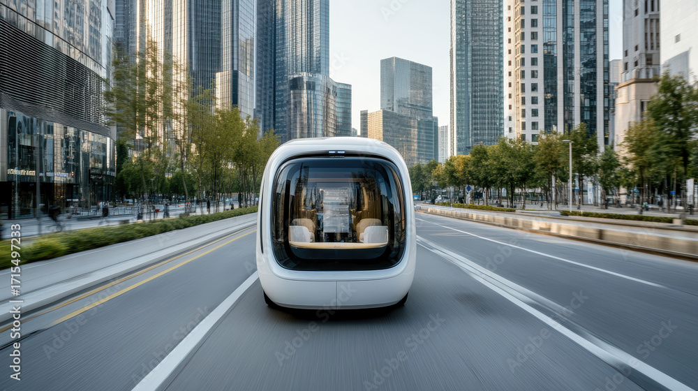 Poster autonomous shuttle bus in urban environment, showcasing modern architecture and technology