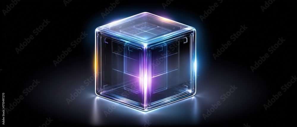 Poster futuristic glowing transparent cube with neon light reflections and digital grid design emphasizing 