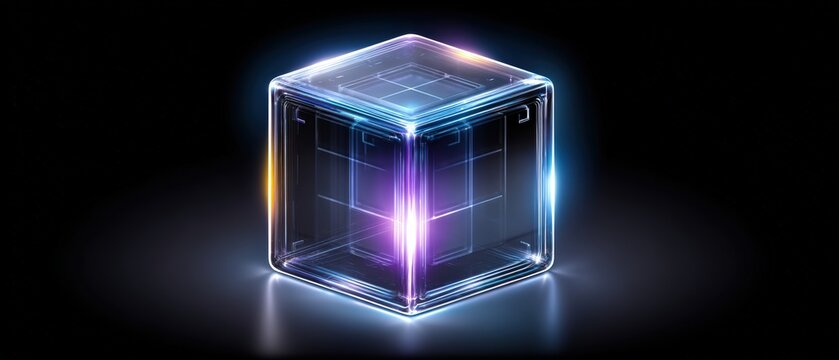 Futuristic glowing transparent cube with neon light reflections and digital grid design emphasizing advanced technology and innovation - Powered by Adobe