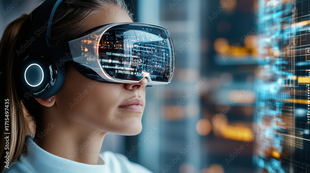 Poster immersive virtual reality experience with futuristic technology and data visualization