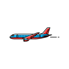Fototapeta premium Illustration of a red and blue airplane in flight with contrails.