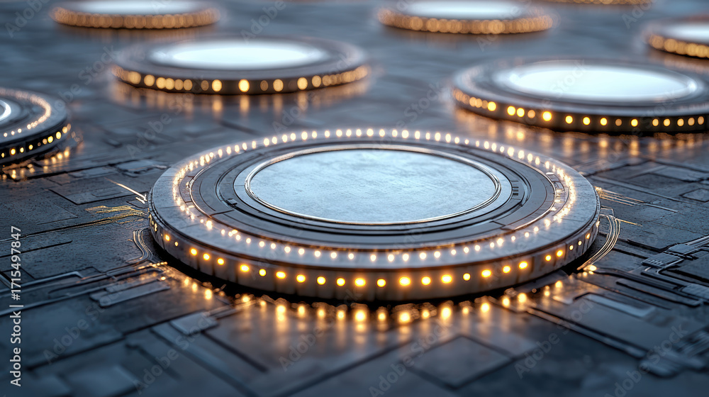 Poster glowing circular elements on textured surface create futuristic atmosphere