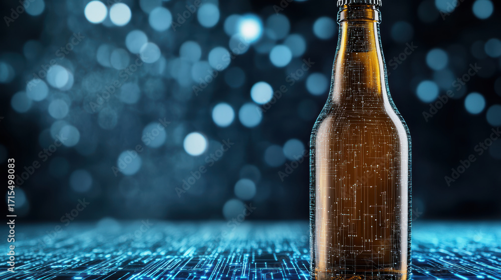 Poster futuristic bottle design with digital elements and glowing background creates captivating scene