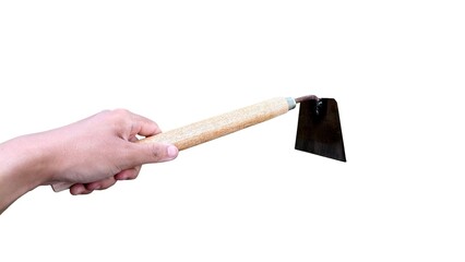 A hand holds a hoe against a white background. The hoe has a wooden handle and a dark metal blade.