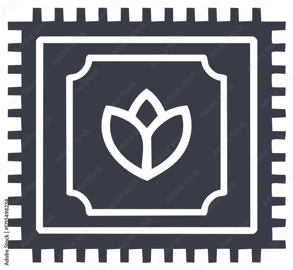 Poster stylized tulip icon inside a geometric border with computer chip pin details
