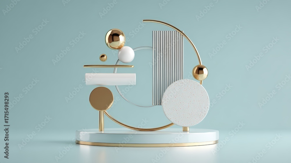 Poster abstract geometric shapes and structures with metallic and matte finishes arranged on a minimalistic