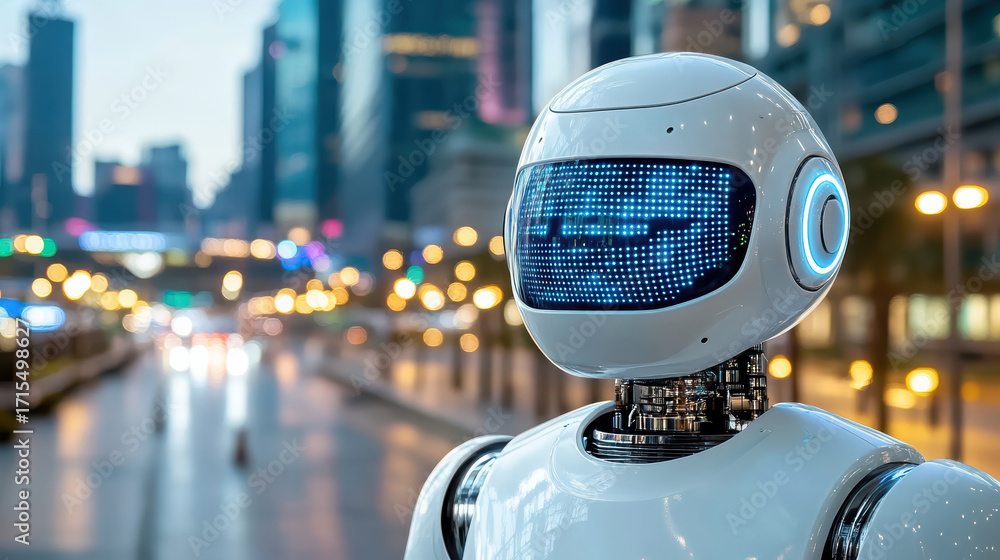 Poster futuristic robot with glowing features urban setting, showcasing advanced technology and design