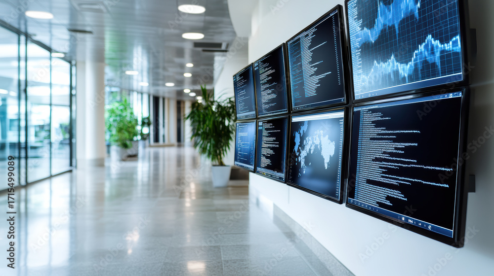 Poster high tech office with multiple screens displaying data analytics and graphs