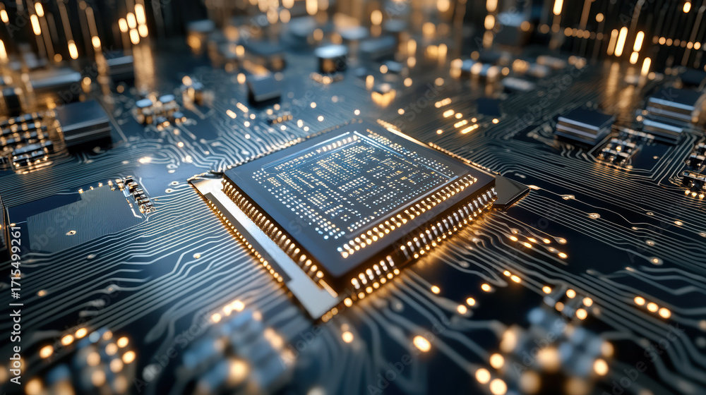 Poster close up of microchip on circuit board with glowing connections and intricate details