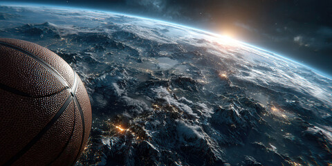 Stunning basketball soaring above Earth with vibrant city lights in an epic space adventure concept