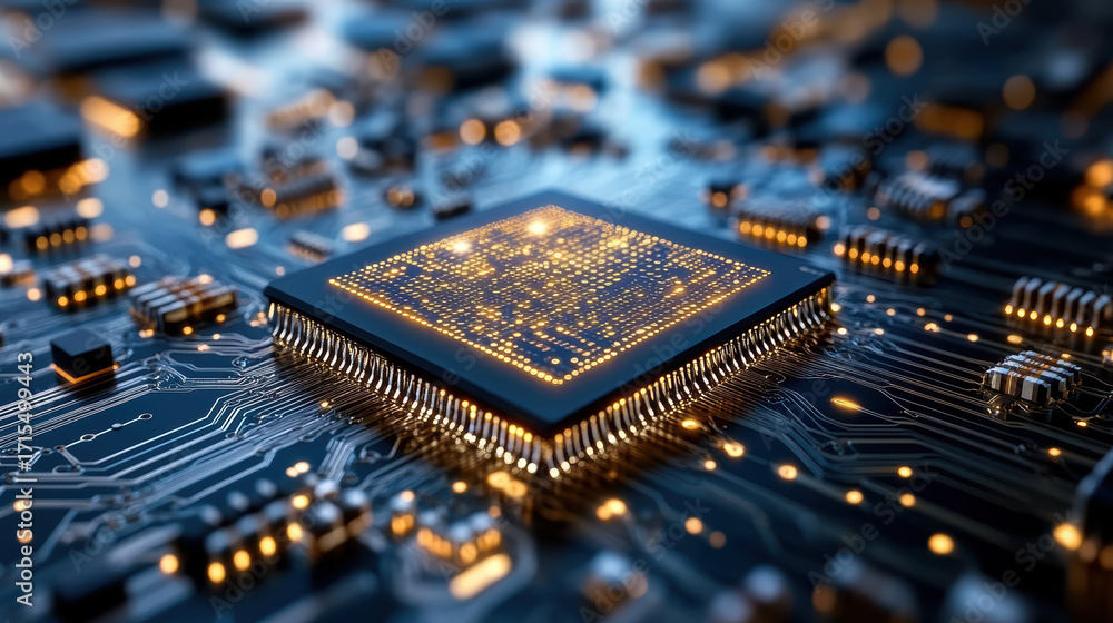 Poster close up of glowing microchip on circuit board, showcasing intricate details and technology