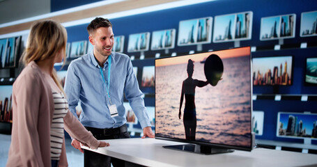 Female Tech Expert Helps Male Customer Choose TV