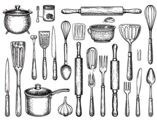 Vintage, detailed illustrations of various kitchen utensils, from whisks to rolling pins, arranged in a classic composition.