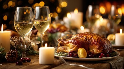 Roasted Turkey Dinner with Wine and Candles