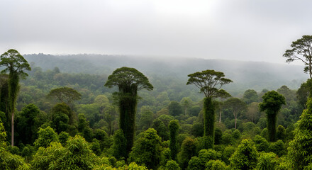 A panoramic view of a lush, dense rainforest canopy with tall, distinctive trees reaching towards a misty sky.