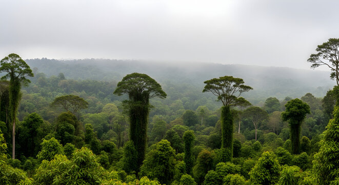 A panoramic view of a lush, dense rainforest canopy with tall, distinctive trees reaching towards a misty sky.