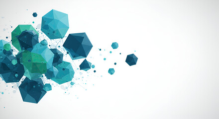 Abstract cluster of geometric low-poly shapes in blue and green hues, representing network connection and data visualization