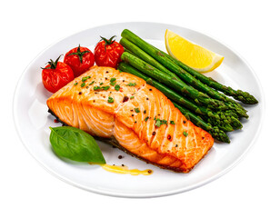 Fried salmon steak with cooked green asparagus, cherry tomatoes and lemon slice isolated on transparent png