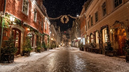 Fototapeta premium Winter Nightfall On A Paved Street