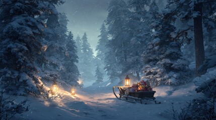 Winter Night Scene Snow Covered Forest Path With Illuminated Sleigh