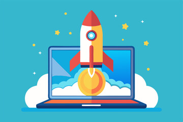 Rocket launch from laptop screen. Rocket taking off. Business Start up, Launching new product or service. Successful start-up launch new business project. Creative or innovative idea. Rocket launch