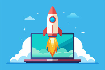 Rocket launching from a laptop screen. Symbolizing a successful business startup, new product launch, or innovative idea taking off.