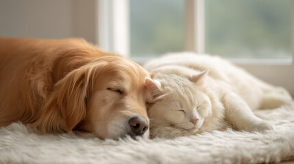 peaceful moment captures dog and cat sleeping side by side embodying friendship and tranquility