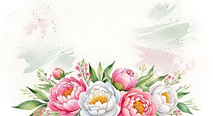 Romantic Watercolor Peony Bouquet on Textured Canvas with Copy Space Above