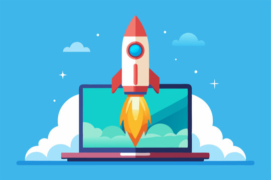 Rocket launching from a laptop screen. Symbolizing a successful business startup, new product launch, or innovative idea taking off.