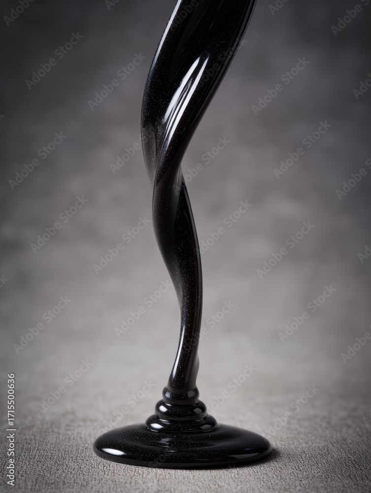 Poster close-up of a sleek black twisted sculpture with reflective surface standing on a textured backgroun