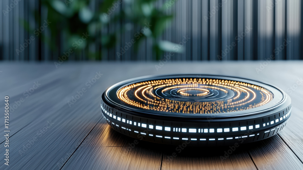 Poster glowing circular device with intricate light patterns wooden surface, creating modern ambiance