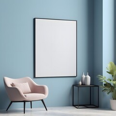 Minimalist Interior Design Mockup with Blank Vertical Frame, Soft Pink Armchair, Potted Plant, and Decorative Vases Against a Serene Blue Wall