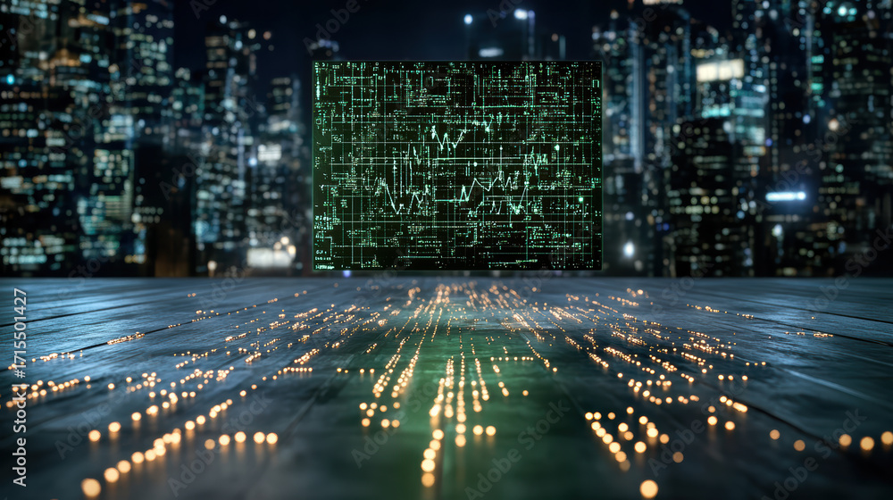 Poster digital display of holographic data against city skyline, creating futuristic atmosphere