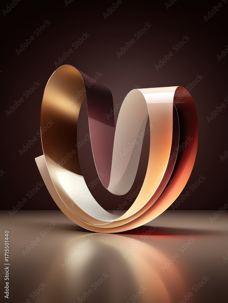 Poster abstract artistic 3d curved shapes with metallic and glossy surfaces in warm hues on dark background