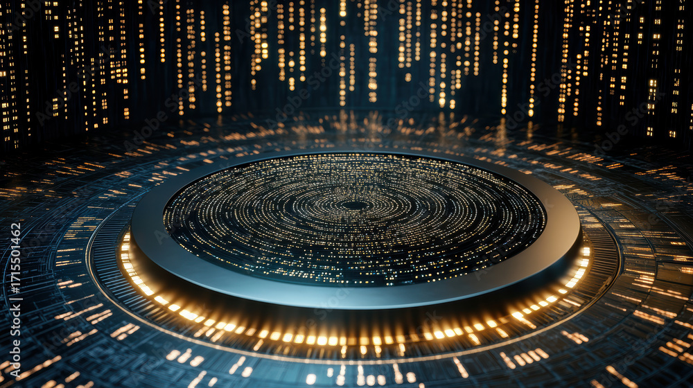 Poster digital art of futuristic circular interface surrounded by glowing data streams, creating