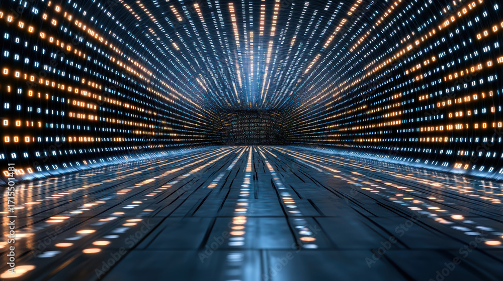 Poster futuristic tunnel with glowing lights creating mesmerizing effect. perspective draws viewer into