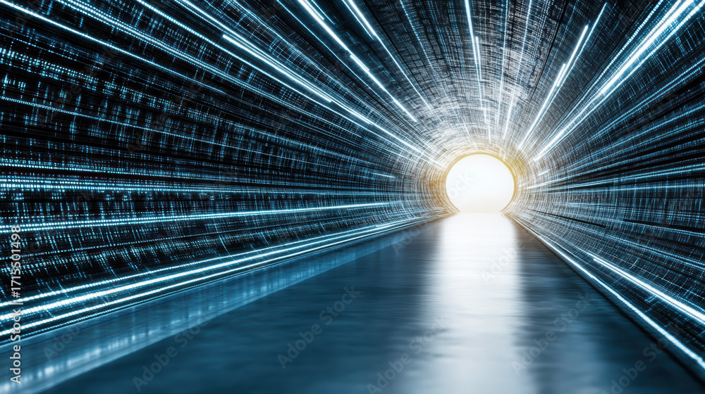 Poster bright tunnel with light at end, representing speed and technology, with flowing data streams