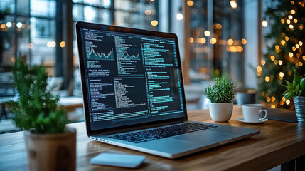 Laptop displaying coding data and graphs sits wooden desk surrounded by plants and warm lights